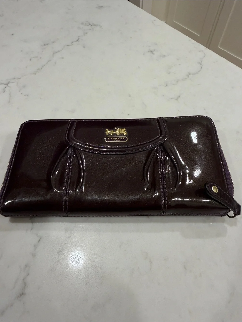 Coach Patent Leather Zip Wallet - purple with Gold shimmer
